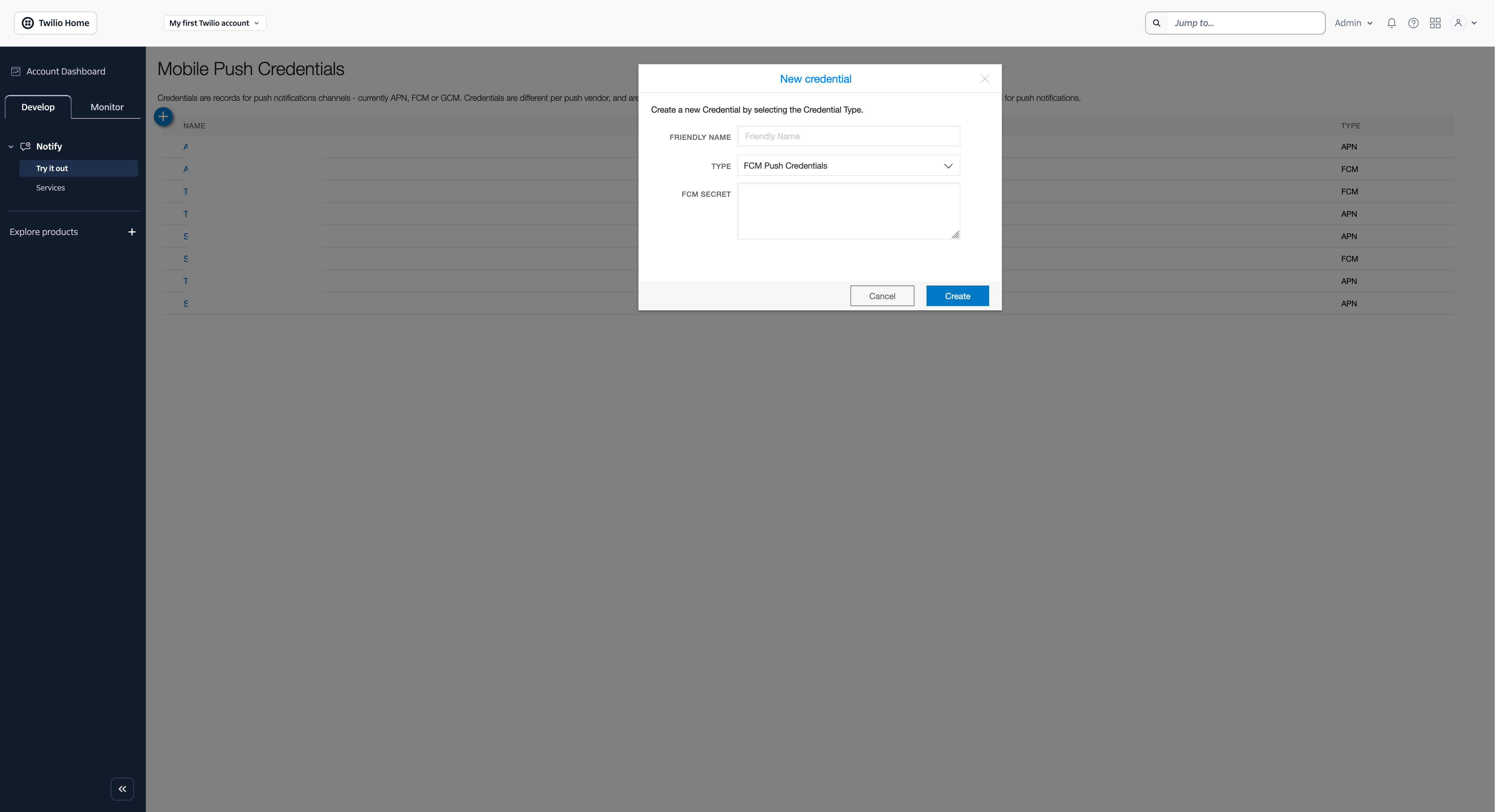 Creating a new FCM Credential in Twilio Notify